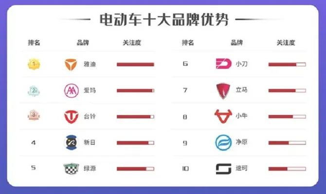 中国十大名牌电动车排名：雅迪、绿源、新蕾